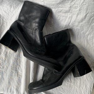 Vintage Ankle Boots Booties Womens Black Leather Square Toe Block Zip 7.5 M